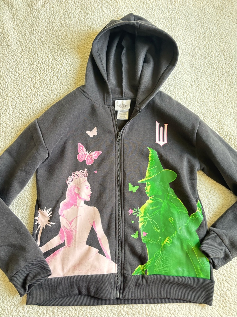 Kids Black Zip-Up Hoodie with Pink & Green Princess and Witch Graphics - Picture 4 of 4